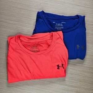 Under Armour HeatGear Tech Tee Shirt Mens Large Lot of 2 Blue Red Loose Fit